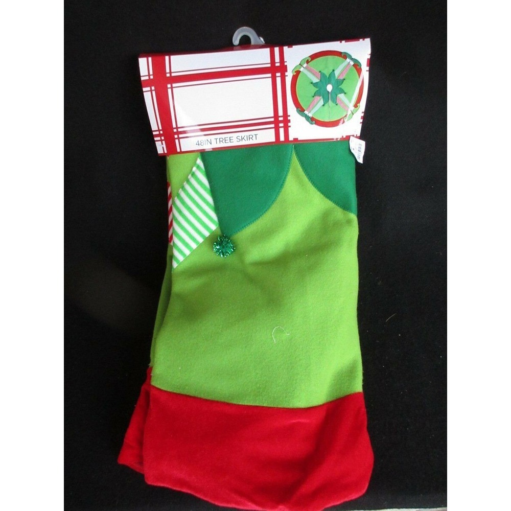 Holiday Elf Legs 48" Felt Christmas Tree Skirt Green Red White Striped New